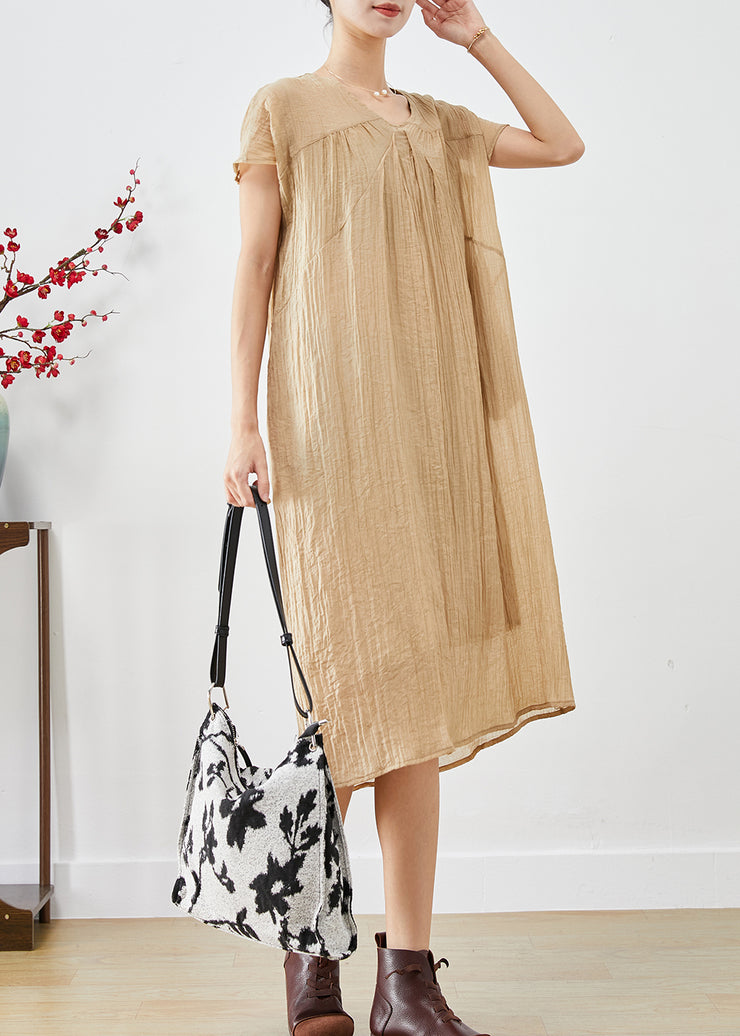 Art Khaki V Neck Wrinkled Cotton Maxi Dresses Summer