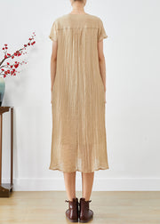 Art Khaki V Neck Wrinkled Cotton Maxi Dresses Summer