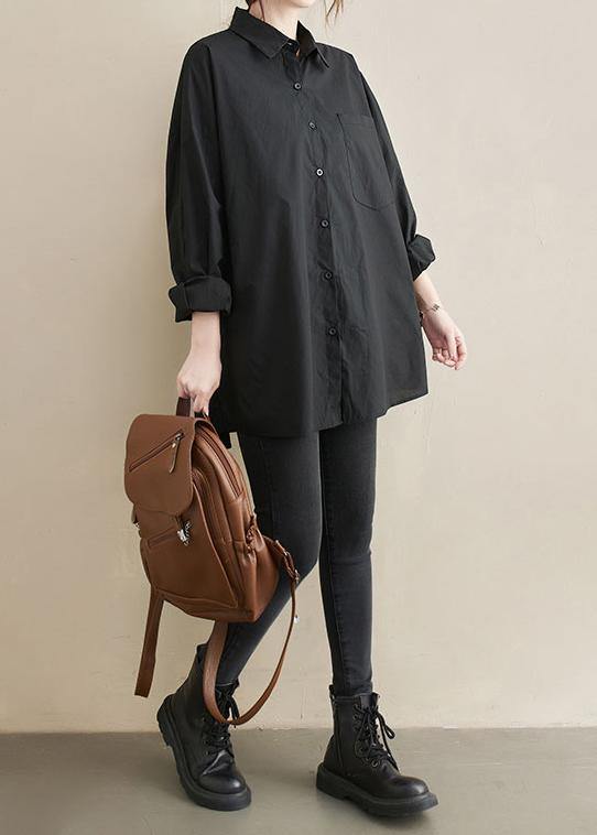 Art Lapel Pockets Spring Tunic Top Shirts Black Top - SooLinen