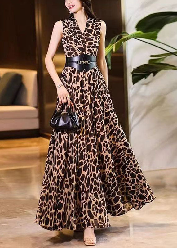 Art Leopard Print V Neck Sashes Chiffon Long Dresses Summer