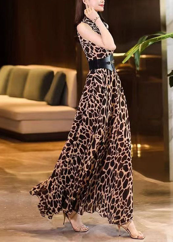 Art Leopard Print V Neck Sashes Chiffon Long Dresses Summer