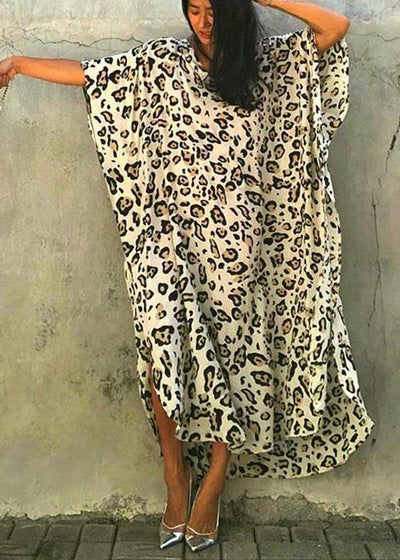Art Leopard tie waist Cotton Dress  Summer Beach Gown - SooLinen