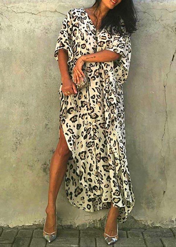 Art Leopard tie waist Cotton Dress  Summer Beach Gown - SooLinen