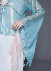 Art Light Blue Asymmetrical Patchwork Silk Top Flare Sleeve