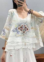 Art Light Blue Embroidered Patchwork Linen Shirt Top Short Sleeve