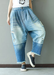 Art Light Blue Tasseled Pockets Patchwork Denim Pants Spring