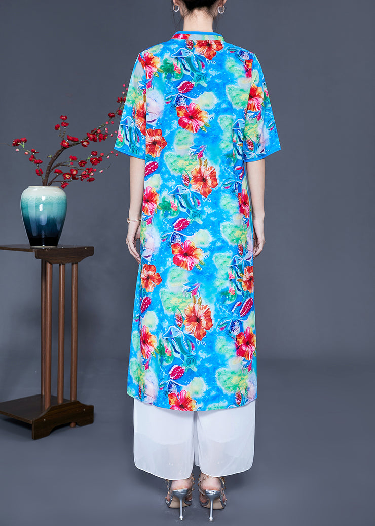 Art Light Blue V Neck Patchwork Print Side Open Silk Beach Dresses Summer