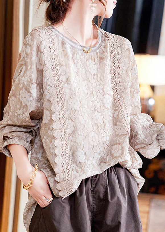Art Light Coffee O-Neck Embroidered Chiffon Top And Slip Two Piece Set Long Sleeve