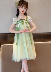 Art Light Green Embroidered Tassel Tulle Kids Maxi Dress Short Sleeve