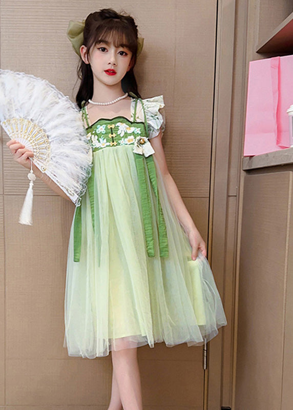 Art Light Green Embroidered Tassel Tulle Kids Maxi Dress Short Sleeve