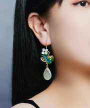 Art Light Green Jade Cloisonne Gem Stone Floral Drip Drop Earrings