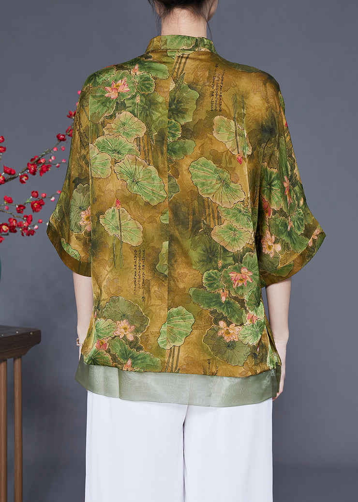 Art Light Green Stand Collar Patchwork Print Tassel Silk Top Half Sleeve