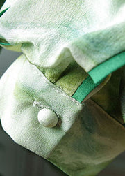 Art Light Green Stand Collar button print Patchwork Silk tops Spring