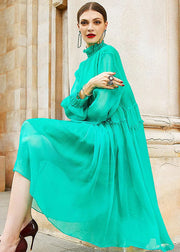 Art Light Green Turtleneck Patchwork Wrinkled Solid Silk Mid Dress Fall