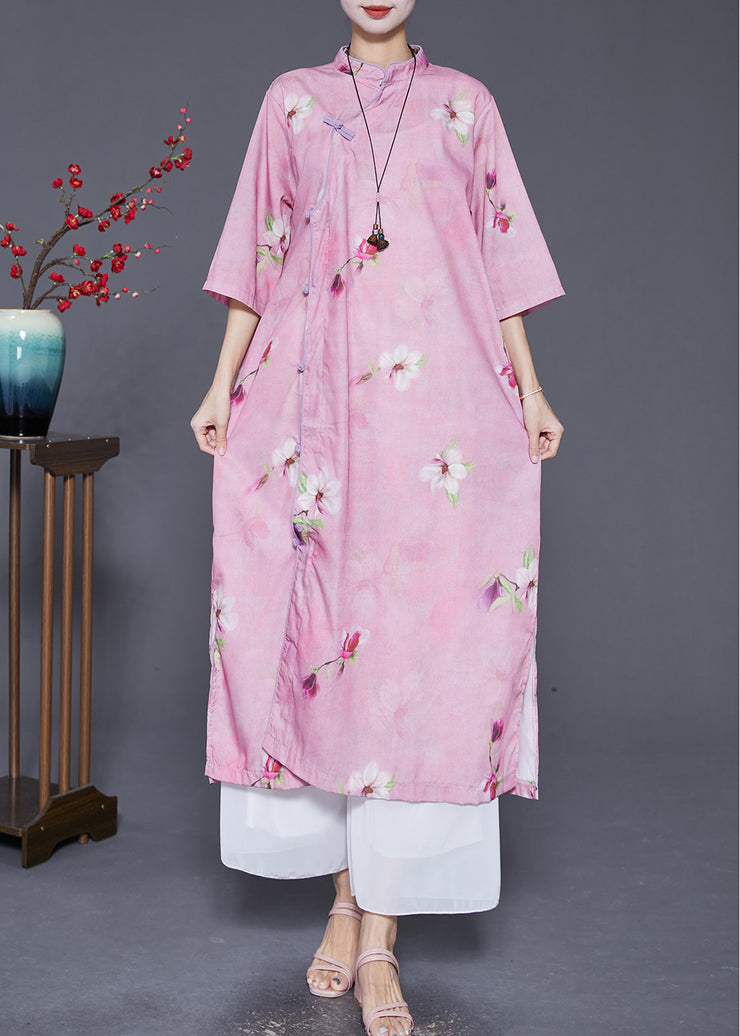 Art Light Purple Print Chinese Button Fine Linen Dress Summer
