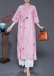 Art Light Purple Print Chinese Button Fine Linen Dress Summer