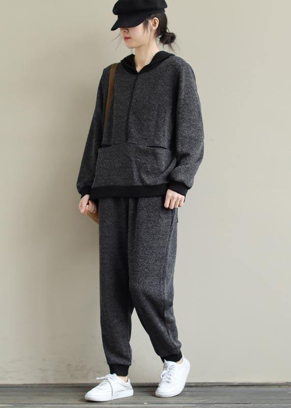 Art Loose Gray Color Matching Hooded Sweater And Elastic Pants Casual Suit - SooLinen
