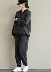 Art Loose Gray Color Matching Hooded Sweater And Elastic Pants Casual Suit - SooLinen