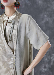 Art Mandarin Collar Chinese Button Patchwork Silk Long Dress Summer