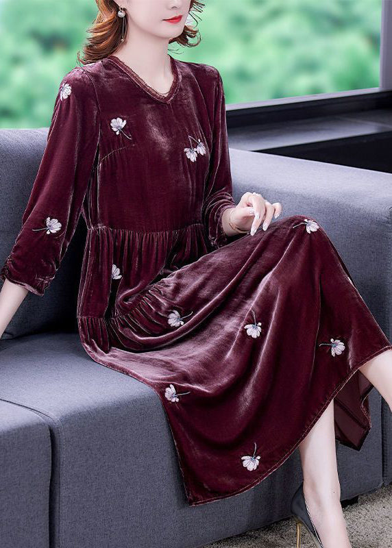 Art Mulberry Embroidered Patchwork Wrinkled Silk Velour Dress Spring