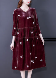 Art Mulberry Embroidered Patchwork Wrinkled Silk Velour Dress Spring