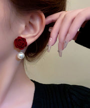 Art Mulberry Flocking Pearl Rose Floral Drop Earrings