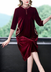 Art Mulberry Mandarin Collar Embroidered Silk Velour A Line Dress Half Sleeve