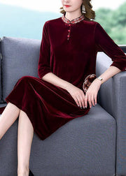 Art Mulberry Mandarin Collar Embroidered Silk Velour A Line Dress Half Sleeve
