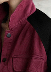 Art Mulberry Patchwork Black Pockets Button Fall Denim Coat Langarm