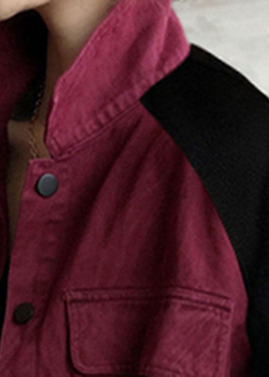 Art Mulberry Patchwork Black Pockets Button Fall Denim Coat Long sleeve