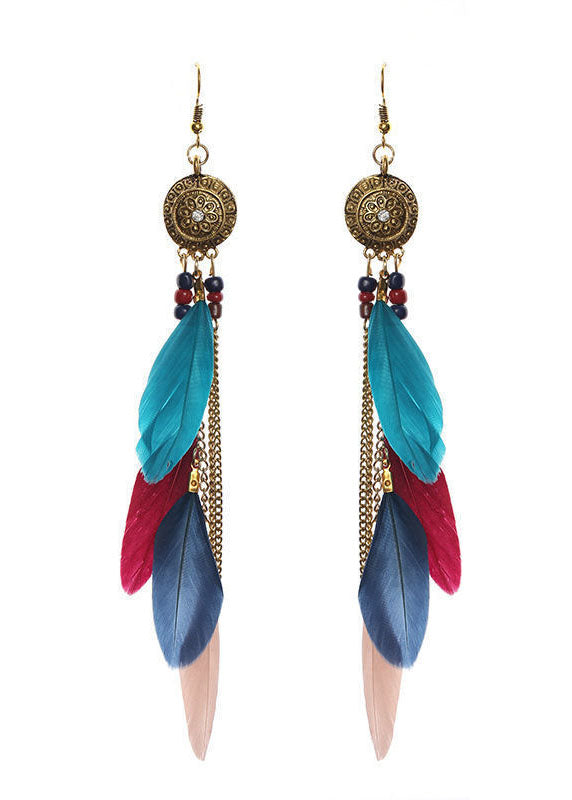 Art Multicolour Feather Tassel Copper National Style Drop Earrings