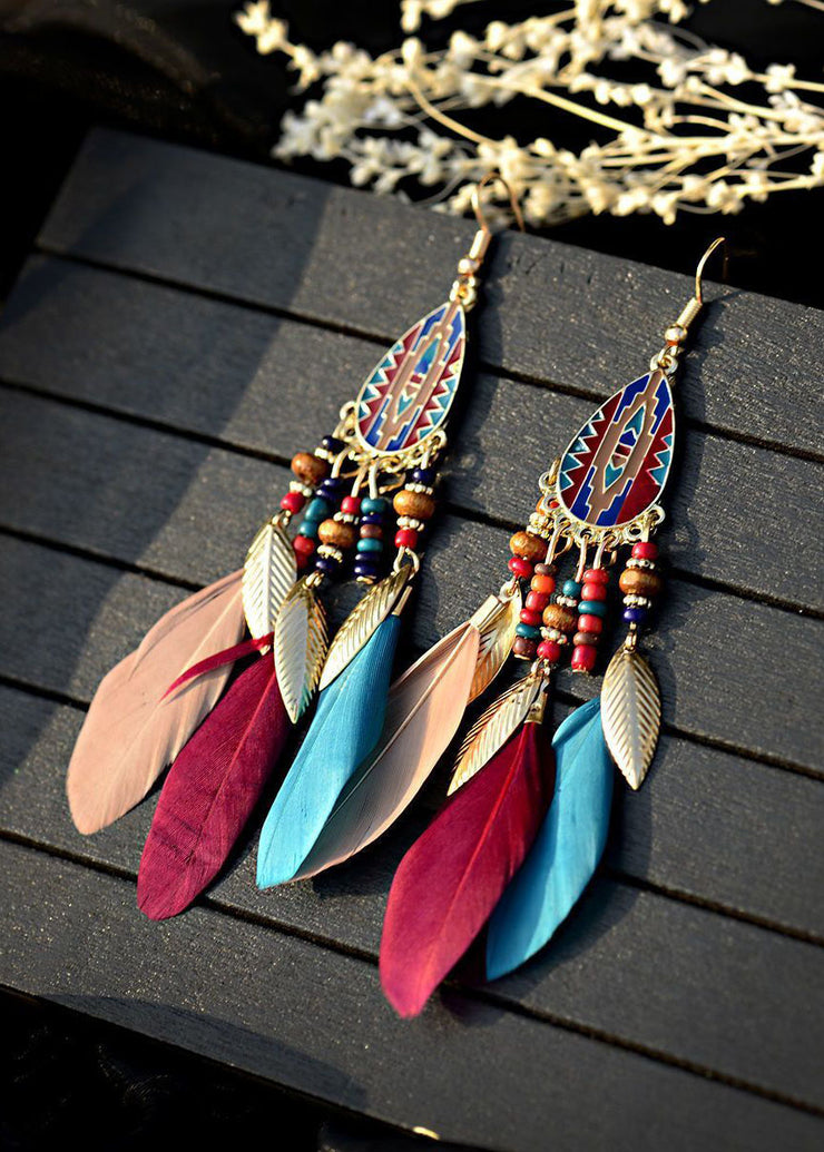 Art Multicolour Feather Tassel Metal Drop Earrings
