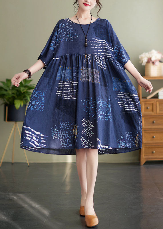 Art Navy O Neck Print Wrinkled Patchwork Cotton Mid Dresses Summer