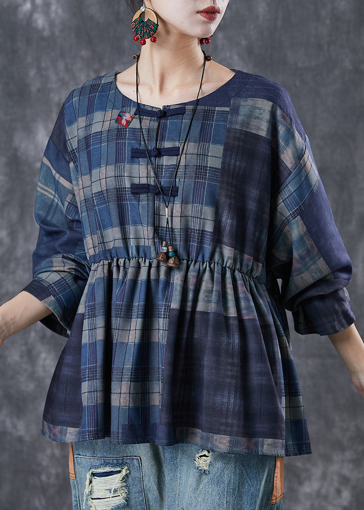 Art Navy Oversized Plaid Chinese Button Cotton Top Spring