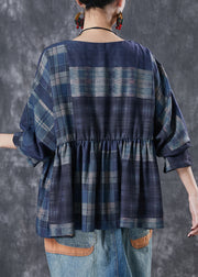 Art Navy Oversized Plaid Chinese Button Cotton Top Spring