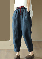 Art Navy Pockets Embroidered Patchwork Linen Pants Summer