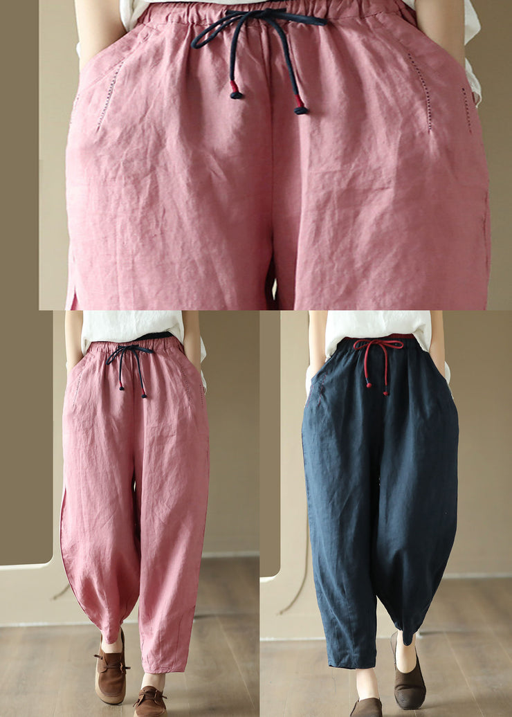 Art Navy Pockets Embroidered Patchwork Linen Pants Summer