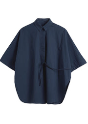 Art Navy Solid Asymmetrical Tie Waist Cotton Shirt Top Half Sleeve