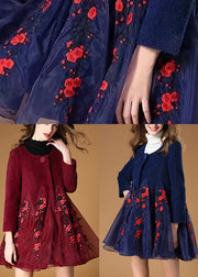 Art Navy retro Button Patchwork Floral Fall Woolen Coats