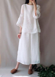 Art O Neck Petal Sleeve Tunics For Women Work White Shirts - SooLinen
