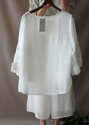 Art O Neck Petal Sleeve Tunics For Women Work White Shirts - SooLinen