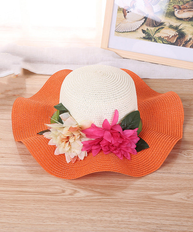 Art Orange Floral Straw Woven Floppy Sun Hat