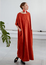 Art Orange O Neck Jacquard Pockets Cotton Robe Dress Summer