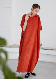 Art Orange O Neck Jacquard Pockets Cotton Robe Dress Summer