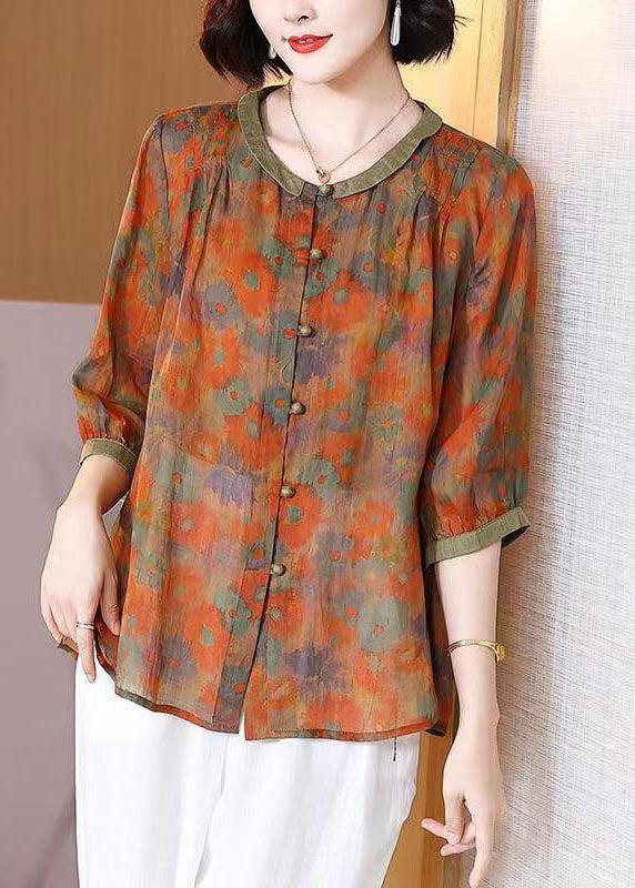 Art Orange O Neck Print Button Patchwork Linen T Shirt Top Summer