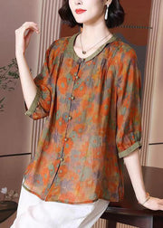Art Orange O Neck Print Button Patchwork Linen T Shirt Top Summer
