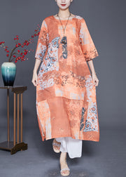 Art Orange Print Side Open Linen Long Dress Summer