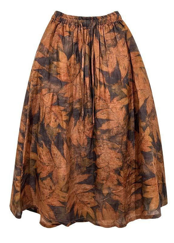 Art Orange Wrinkled Print Elastic Waist Patchwork Linen Skirt Summer