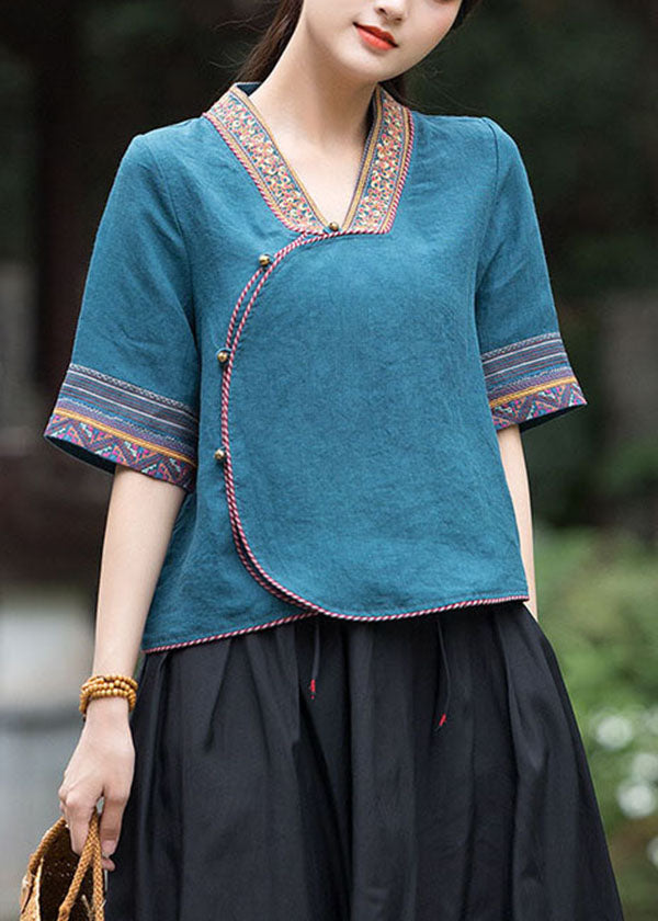 Art Peacock Blue Ethnic Style Embroidered Linen Top Half Sleeve