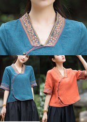 Art Peacock Blue Ethnic Style Embroidered Linen Top Half Sleeve